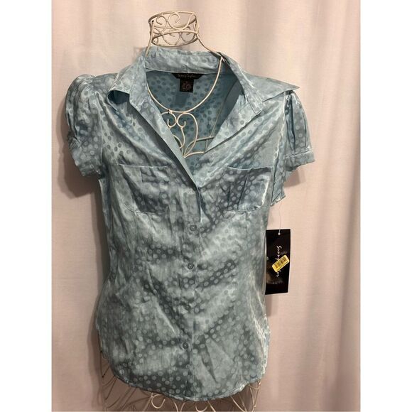NEW WITH TAGS Savoy Taylors BLUE WOMEN SILK SHORT Sleeve Blue Button Up Shirt BL - Picture 1 of 5